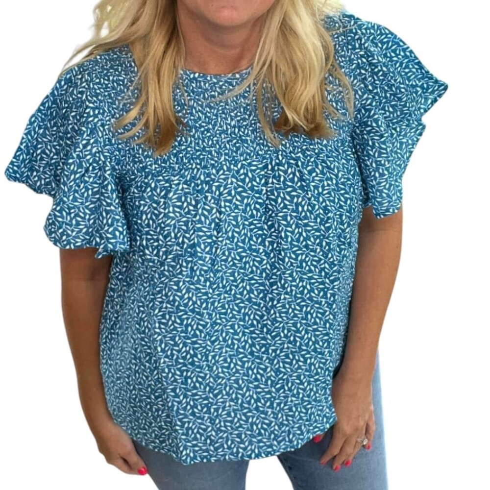 NEW M LuLaRoe Maddy Flutter Sleeve Smock Top Floral Blue Shirt Short Sleeve